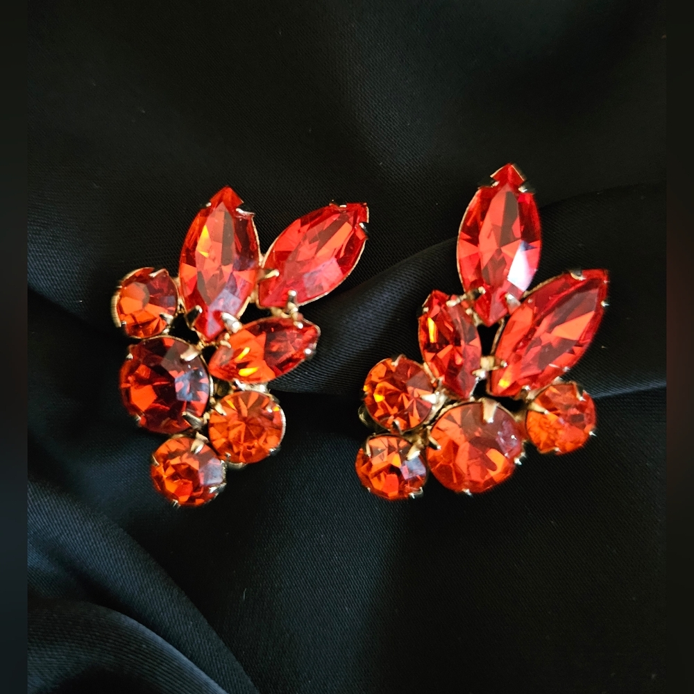 Elegant Red and Orange Crystal Earrings Clip On.